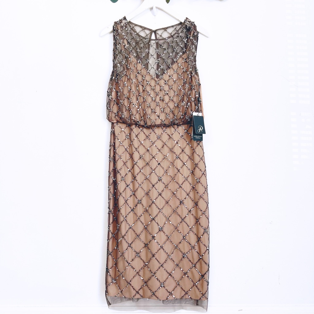 Adrianna Papell Tan Sequin Embellished Sleeveless Midi Dress